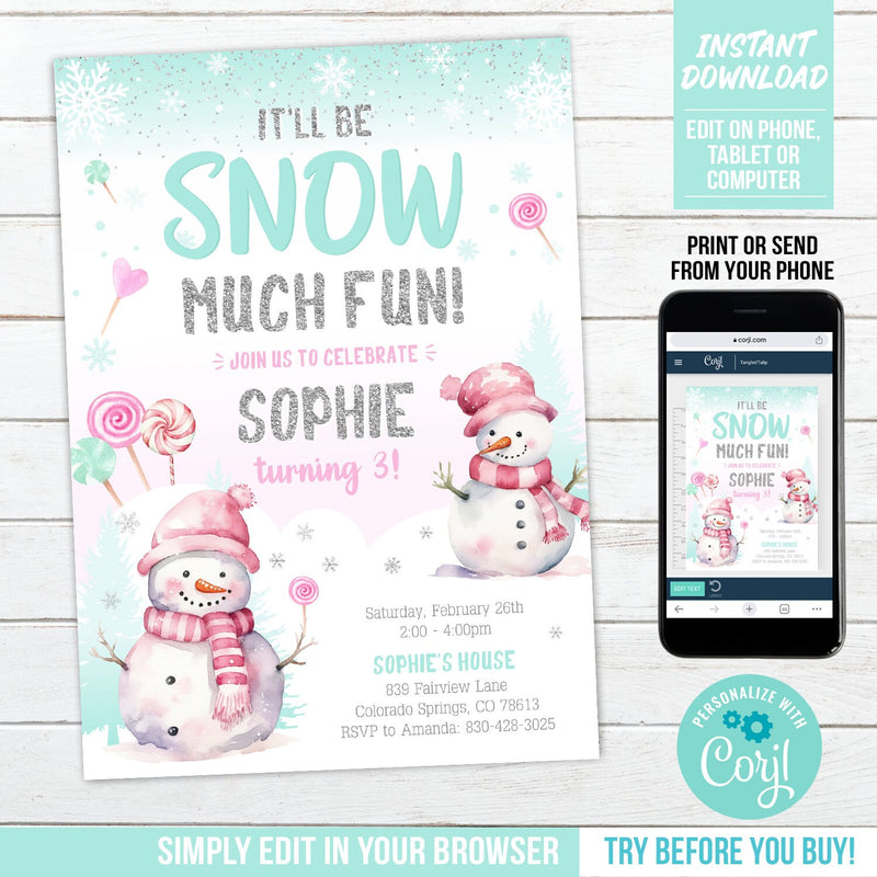 Winter Snowman Birthday Invitation Template, Editable Snow Much Fun Party Invite