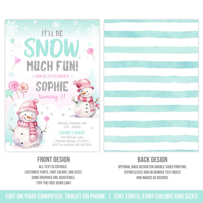 Winter Snowman Birthday Invitation Template. Snow Much Fun Editable Party Invite