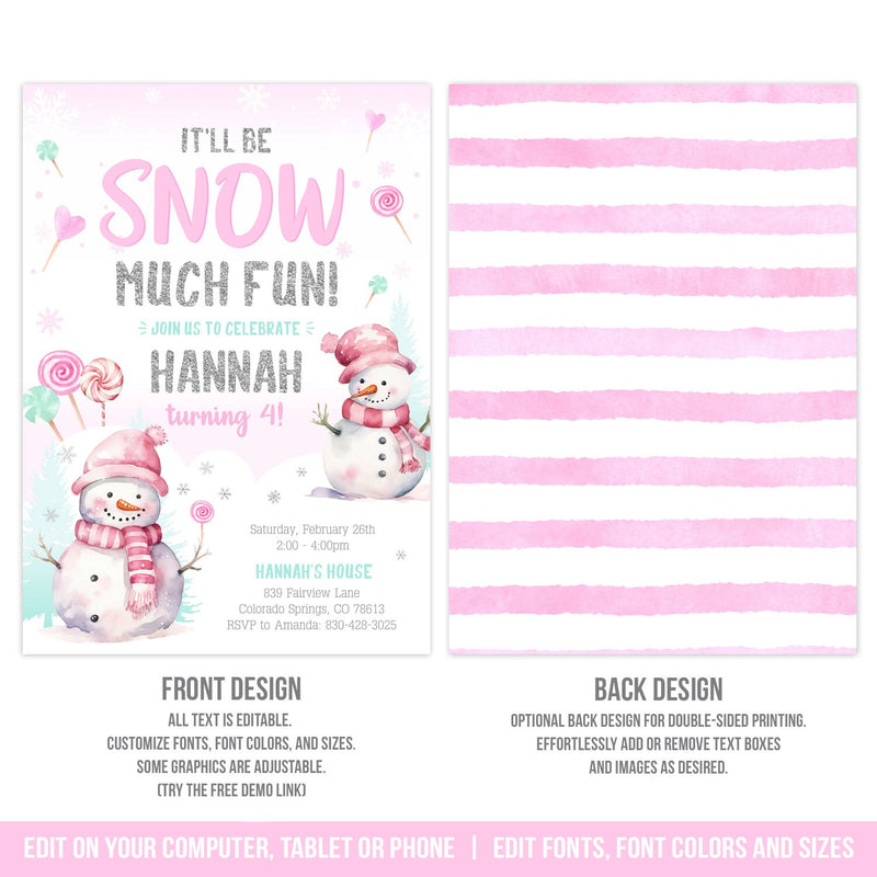 Winter Snow Birthday Invitation Girl Editable Snowman Snow Much Fun Party Invite