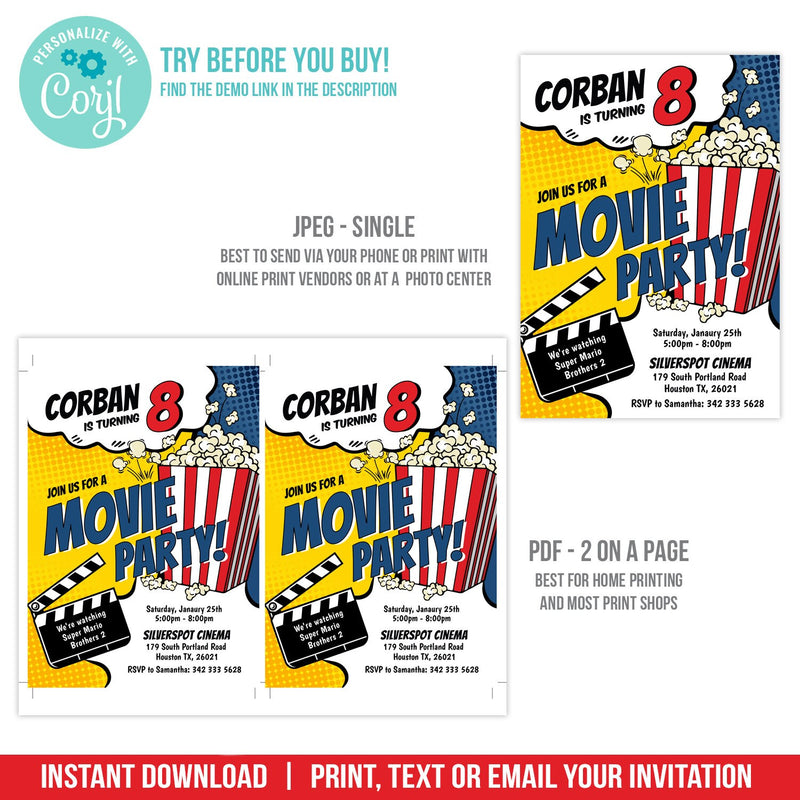 Movie Birthday Invite for Boys. EDITABLE Party Invitation for a Popcorn & Movies Party MO1