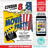 Editable Movie Birthday Invite. Boy Popcorn and Movies Party Digital Invite Template