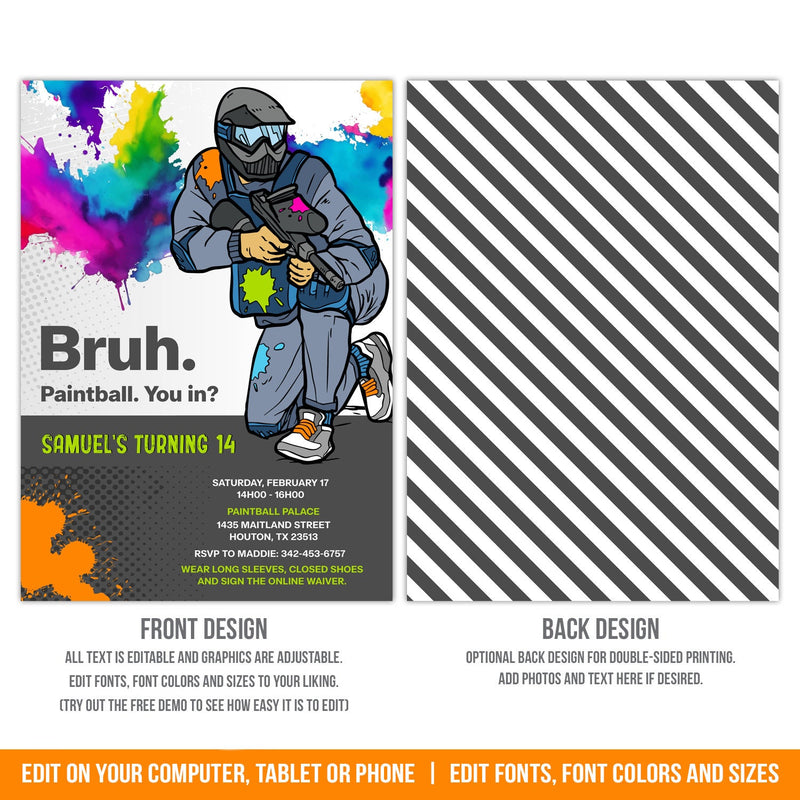 Paintball party invitation. Bruh, Paintball Birthday invite with paint splats for teen boys, EDITABLE PAI1