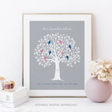 Editable Family Tree is a heartwarming tribute to grandparents and their precious grandchildren. Each grandchild is represented as a little bird in the tree. Instant Download and Editable in Corjl. By Tangled Tulip Designs.