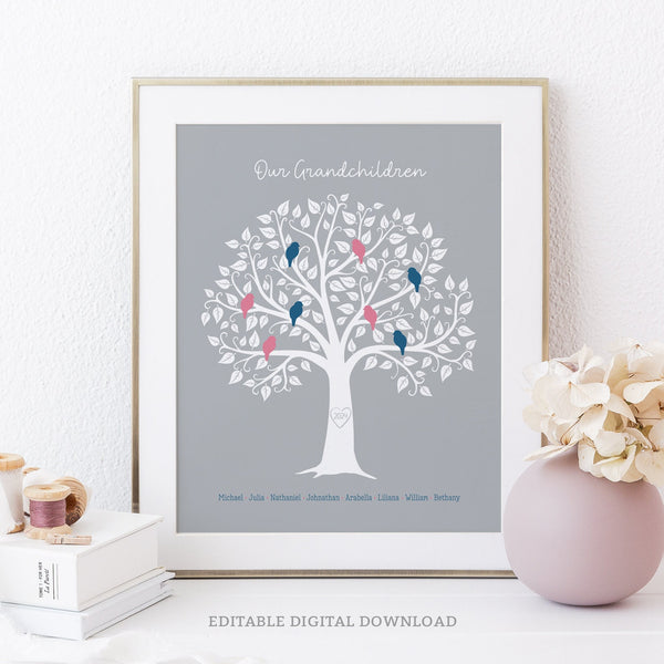 Editable Family Tree is a heartwarming tribute to grandparents and their precious grandchildren. Each grandchild is represented as a little bird in the tree. Instant Download and Editable in Corjl. By Tangled Tulip Designs.