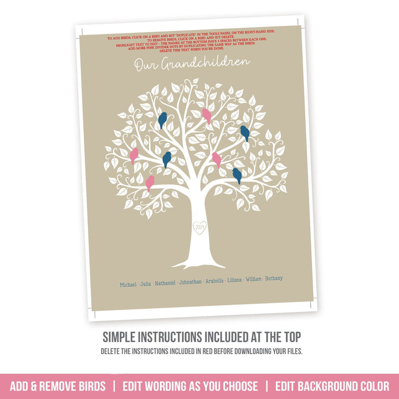 EDITABLE Family Tree Print for Grandparents. Grandchildren Family Tree Printable. Edit in Corjl