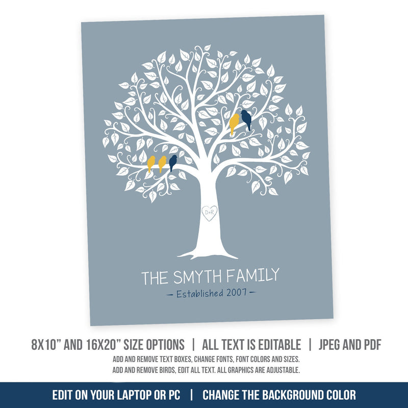 Editable Family Tree with Birds. Personalized Gift Digital Download