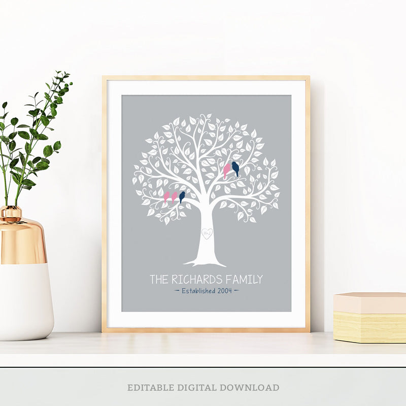 A Modern Family Tree that makes a beautiful personalized gift for parents. Includes additional birds in the file for many different family dynamics.  Tangled Tulip Designs