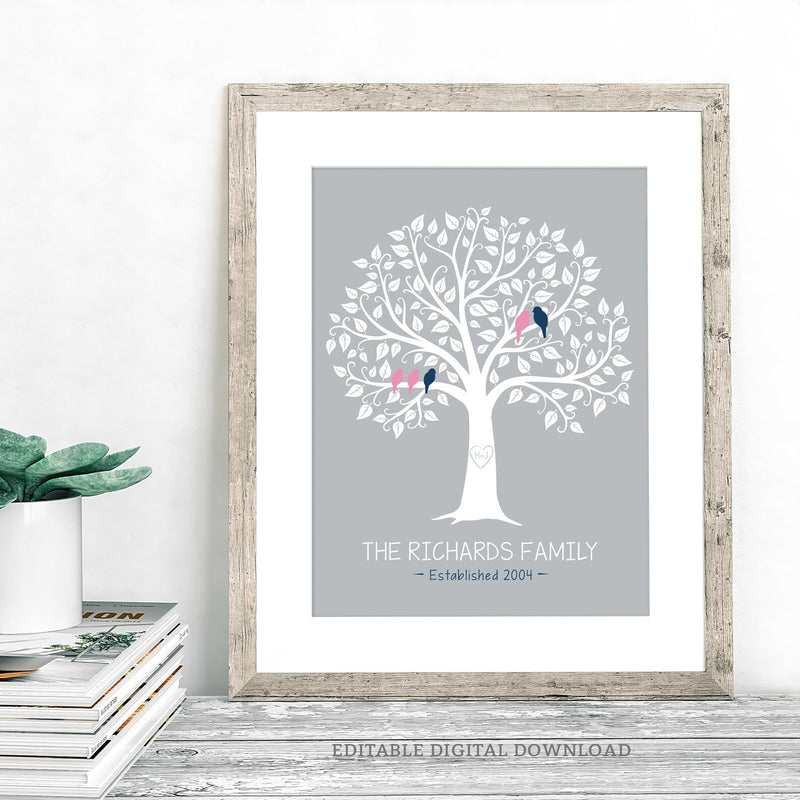 A Modern Family Tree that makes a beautiful personalized gift for parents. Includes additional birds in the file for many different family dynamics. Tangled Tulip Designs