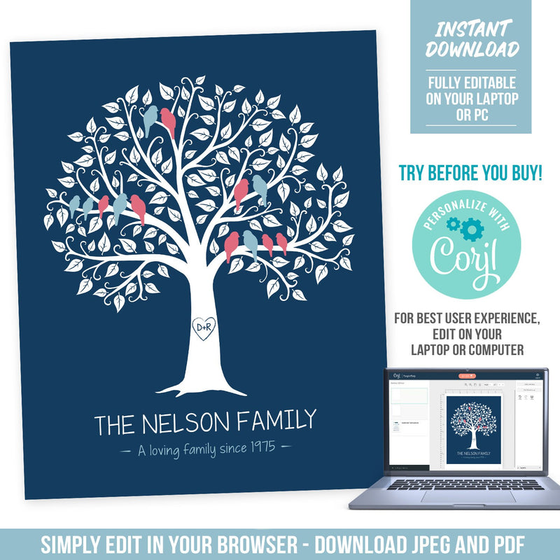 Modern Family Tree. EDITABLE 3 Generation DIY Family Tree. Gift for Parents or Grandparents