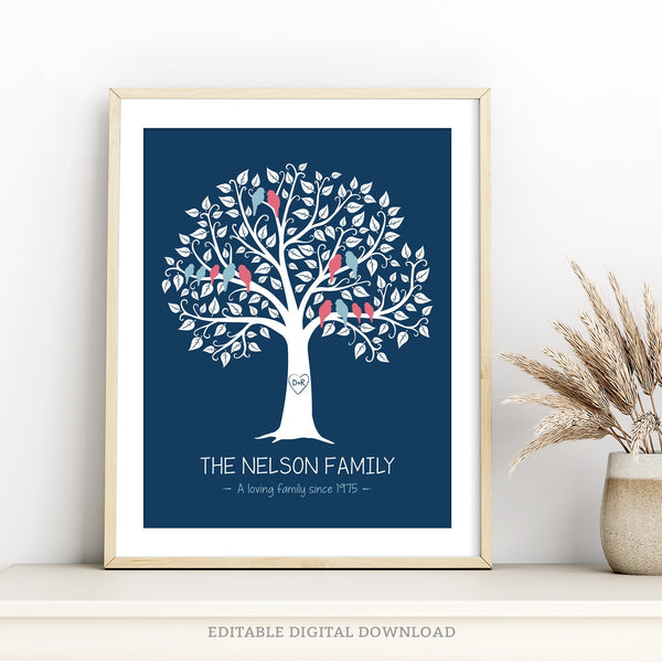 Family Tree print for 3 generations. Each family group is shown as little pink and blue birds in the tree. DIY add and remove birds and personalize as you like. Instant Download and Editable in Corjl. By Tangled Tulip Designs.