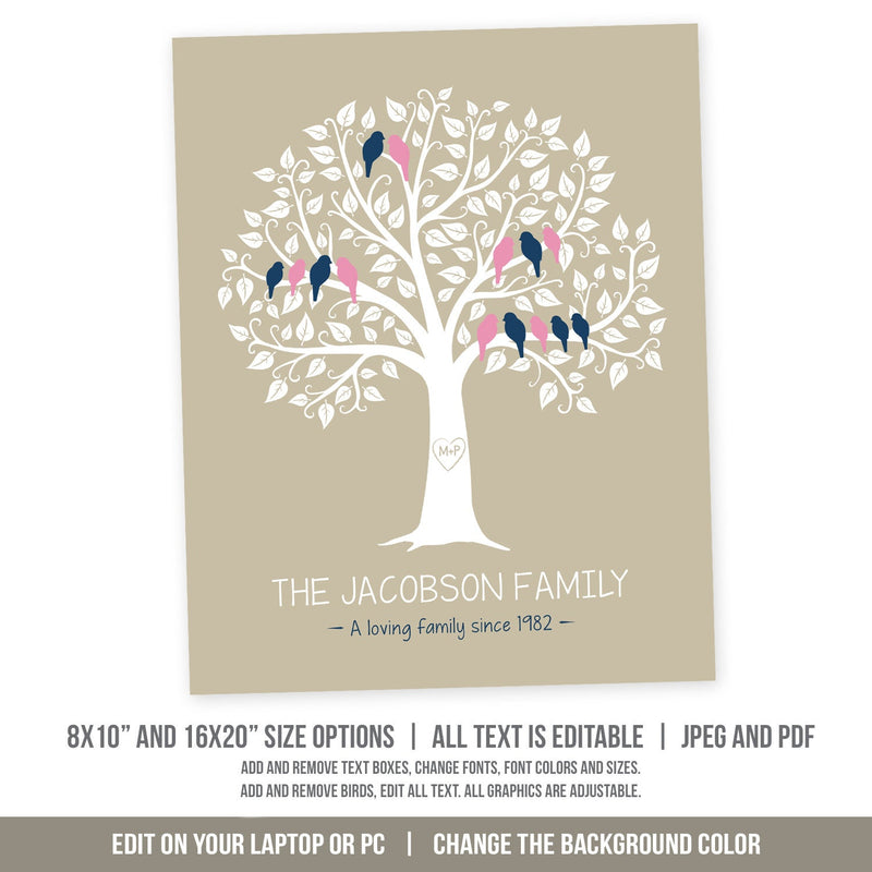 Family Tree Template Custom Birds 3 Generations Printable