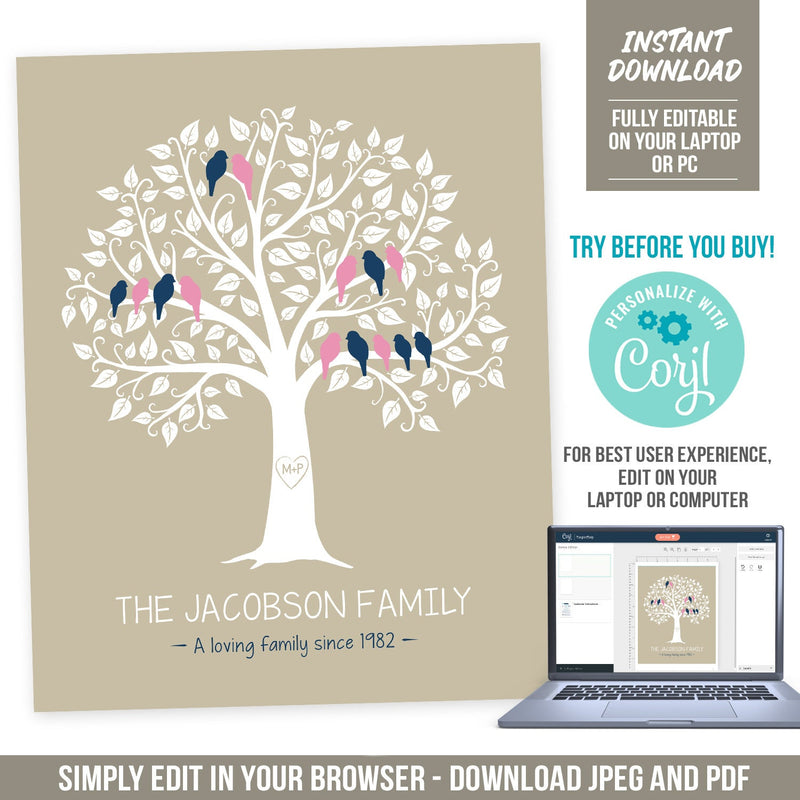 Family Tree Template Custom Birds 3 Generations Printable