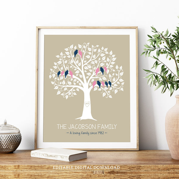 Editable Family Tree print that makes a great gift for grandparents, parents or any family member. Add that personal touch to gifting with each family member represented by a little bird in the tree. Instant Download and Editable in Corjl. By Tangled Tulip Designs.