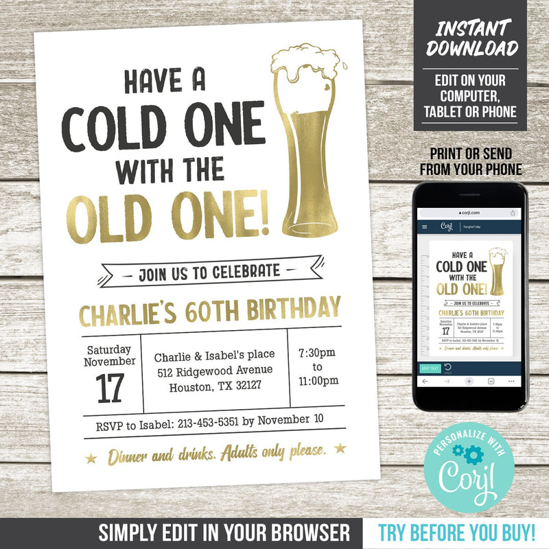 Editable Beer Theme 60th Birthday Invitation Template. Have A Cold One Digital Party Invite