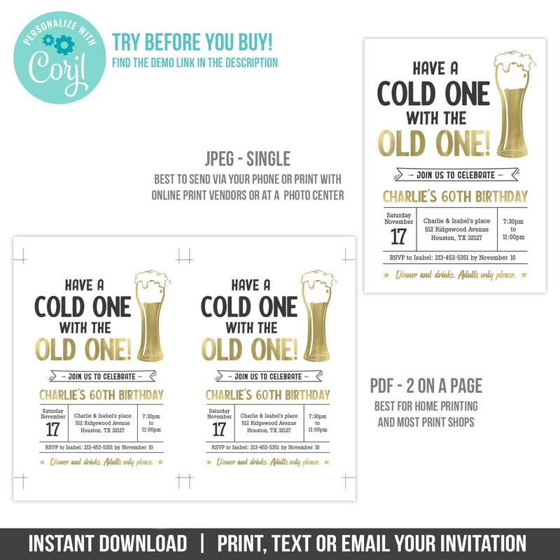 Editable Beer Theme 60th Birthday Invitation Template. Have A Cold One Digital Party Invite