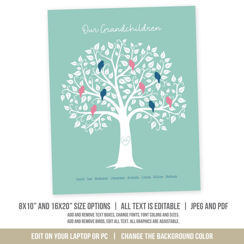 Family Tree Gift for Grandparents. EDITABLE Grandparent Print for a Personalized Gift. Edit in Corjl