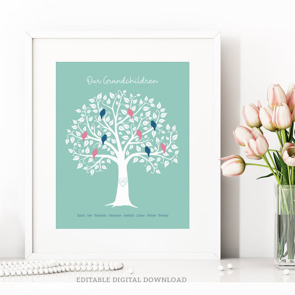 Introducing our heartwarming Family Tree Gift for Grandparents – a personalized print that beautifully captures their precious grandchildren. This editable Family Tree has each grandchild depicted as a little bird nestled within the branches. Instant Download and Editable in Corjl. By Tangled Tulip Designs.