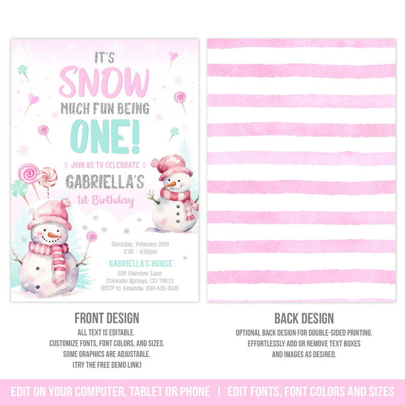Snow First Birthday Invitation. Editable Winter Snowman 1st Birthday Invite for Girl
