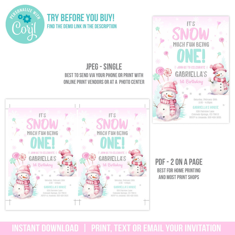 Snow First Birthday Invitation. Editable Winter Snowman 1st Birthday Invite for Girl