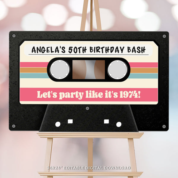 This editable Cassette Tape sign is the perfect photo prop or birthday decoration, suitable for her vintage Mixtape party celebrating a 50th Birthday or any age milestone. Go back in time to the 70s - the era of groovy tunes and unforgettable memories! Instant Download and Editable in Corjl. By Tangled Tulip Designs.