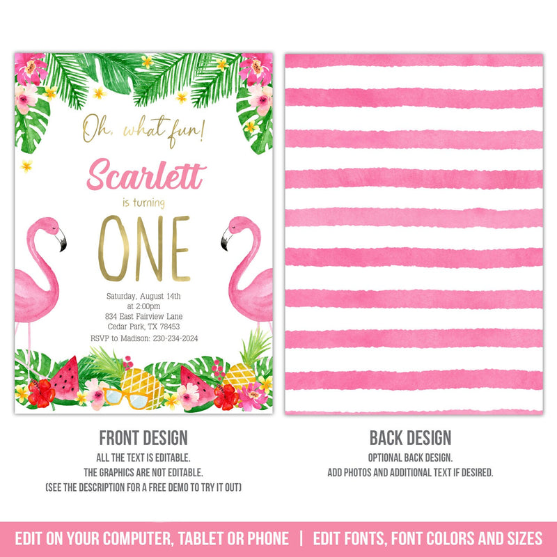 Flamingo First Birthday Invitation. Oh What Fun It Is Turning One 1st Party EDITABLE Invite TR1
