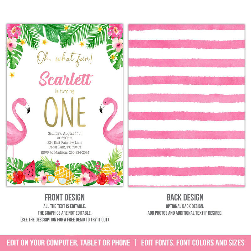 Editable Flamingo First Birthday Invitation. Oh What Fun It Is Turning One Tropical Digital Party Invitation