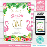 Editable Flamingo First Birthday Invitation. Oh What Fun It Is Turning One Tropical Digital Party Invitation