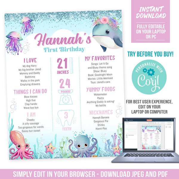 EDITABLE First Birthday Milestones Poster Sign. Under the Sea Birthday Decoration Milestones. Digital Download US1