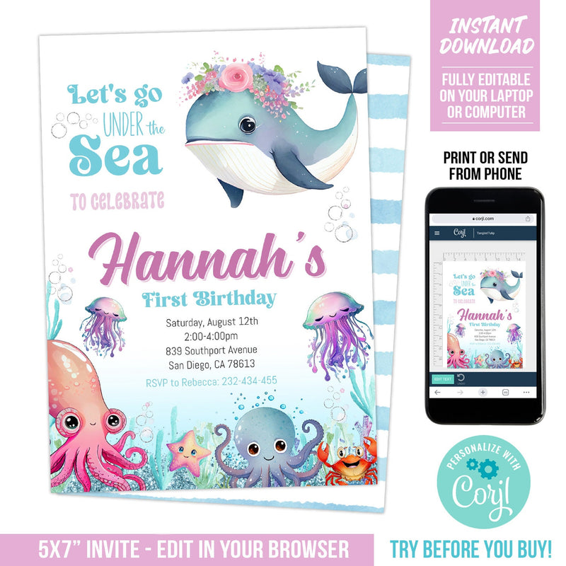 Under the Sea First Birthday Invitation. EDITABLE Sea Creatures 1st Birthday Invite with Whale US1