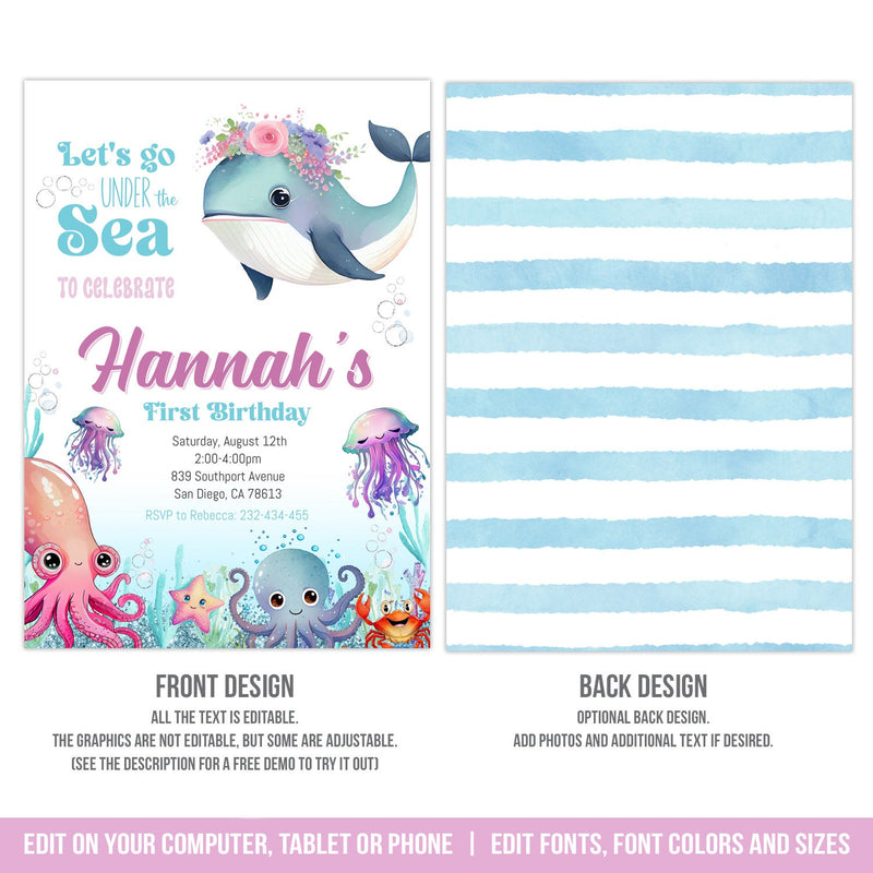 Under the Sea First Birthday Invitation. EDITABLE Sea Creatures 1st Birthday Invite with Whale US1