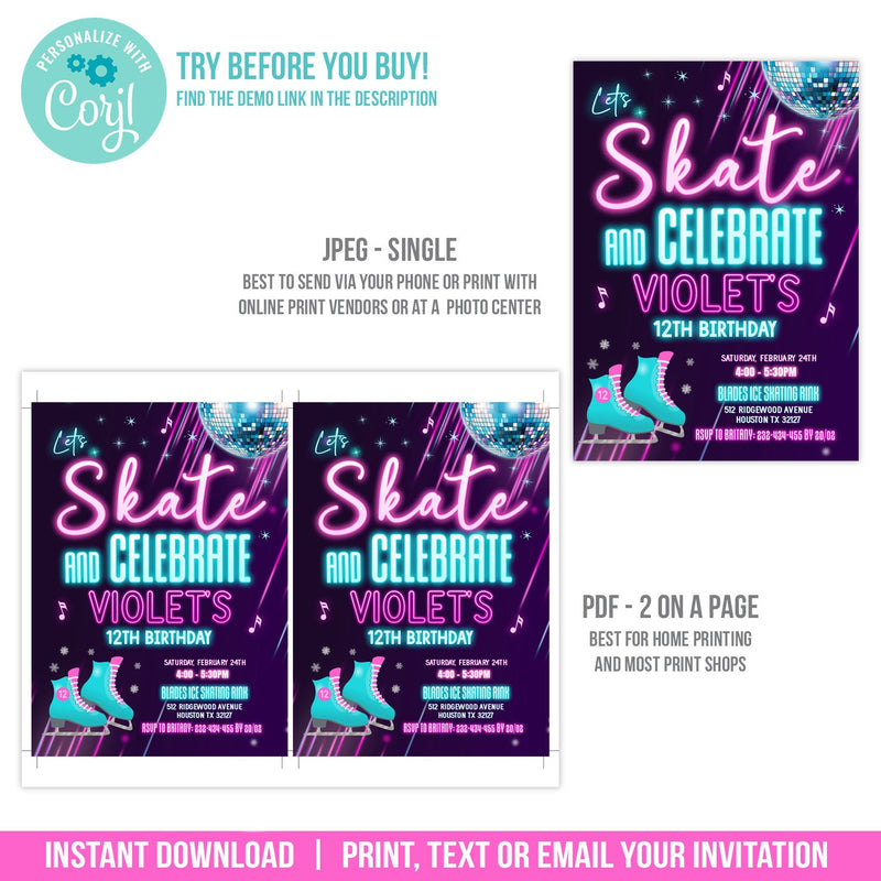 Ice Skating Birthday Invitation. EDITABLE Skate and Celebrate Girls Ice Skate Party Invite ICE1