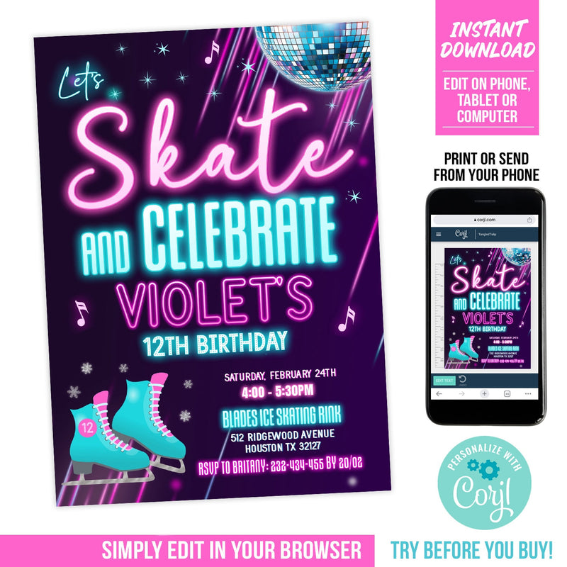 Ice Skating Birthday Invitation. EDITABLE Skate and Celebrate Girls Ice Skate Party Invite ICE1