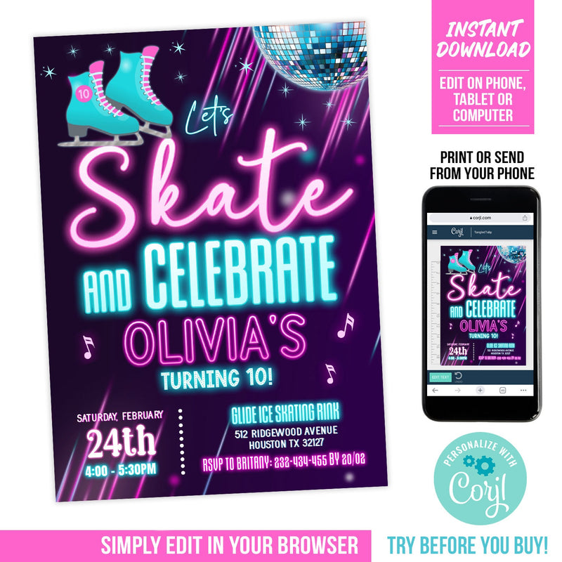 Ice Skating Party Editable Invitation, Girl Ice Skate Birthday Digital Invite, Neon Glow Disco Ball