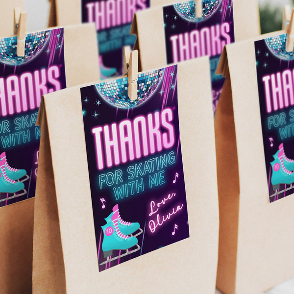 Thank You for coming Ice Skating party favor Gift Tags for an ice skate birthday in a neon glow design. Editable ice skating tags with ice skates and a disco glitter ball and sparkles.