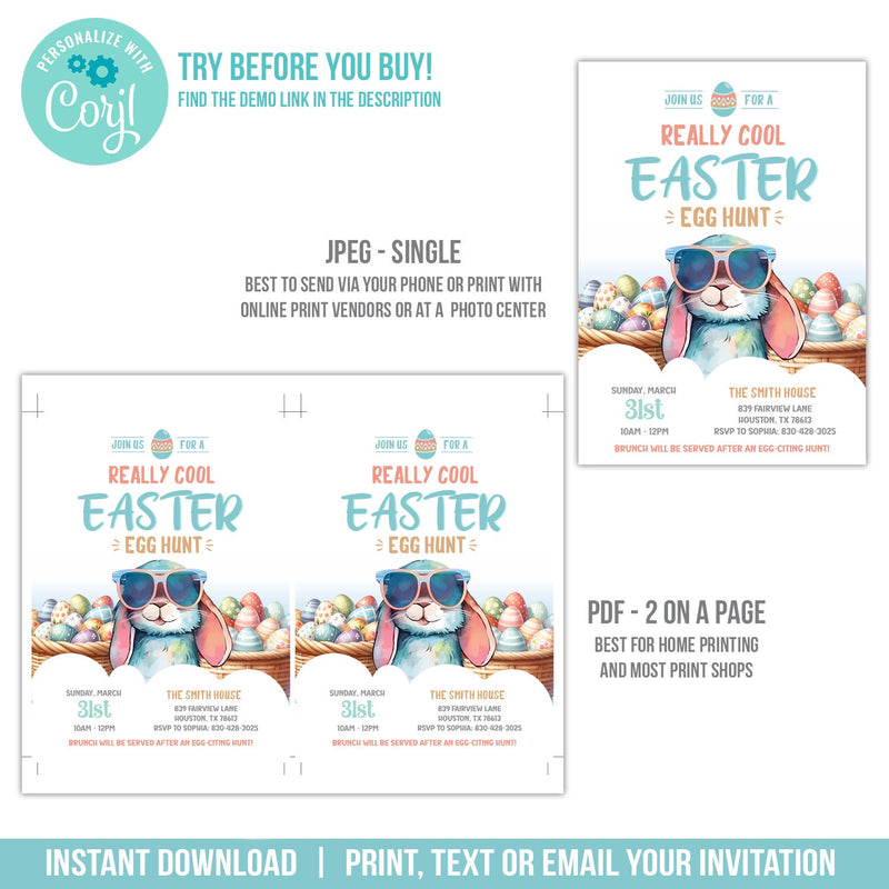 Cool Easter Invitation. EDITABLE Easter Bunny with Sunglasses Invite Template EAS1