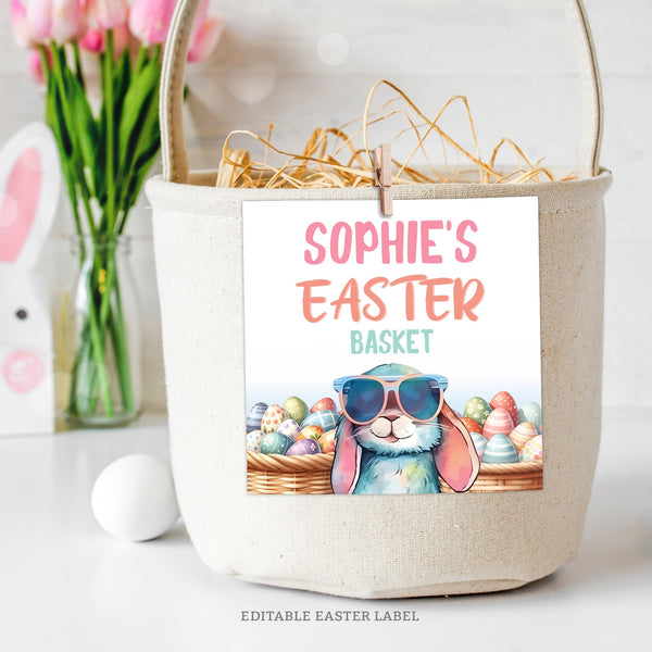 EDITABLE Easter Basket Labels. Easter Egg Basket Name Tag. Cool sunglasses bunny EAS1