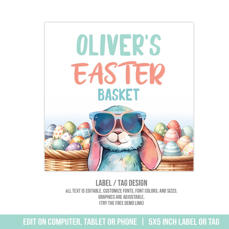 Easter Basket Labels. EDITABLE Easter Basket Name Tags with a Bunny in Sunglasses and Easter Eggs. Printable Template  EAS1