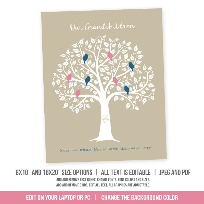 EDITABLE Family Tree Print for Grandparents. Grandchildren Family Tree Printable. Edit in Corjl