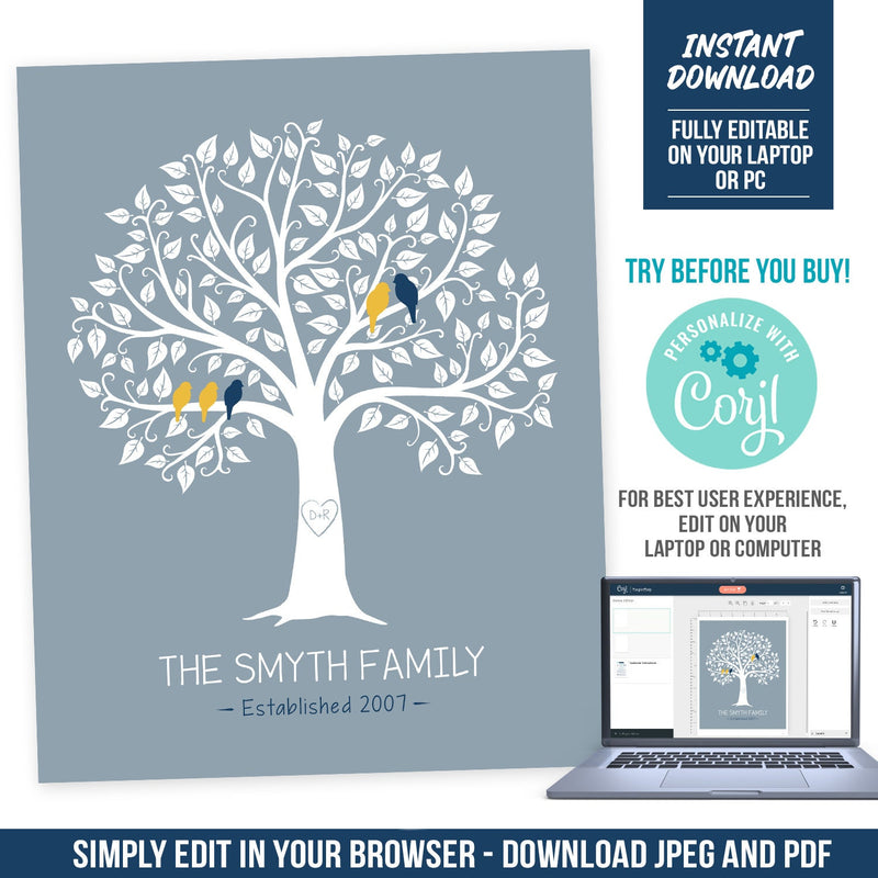 Editable Family Tree with Birds. Personalized Gift Digital Download