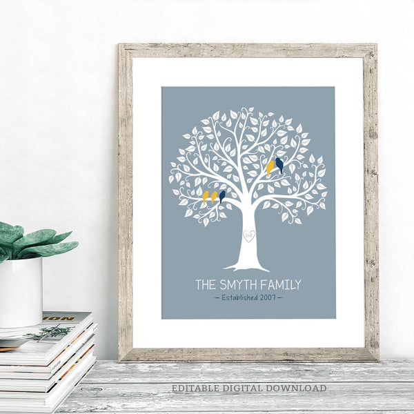 A Family Tree print – the perfect personalized gift for parents or any family member. Whether it's for Mother's Day, Christmas, or any special occasion, this editable Family Tree is a beautiful way to celebrate the bonds that tie us together. With its customizable features, you can add names, dates, and special details to create a truly unique and heartfelt keepsake. By Tangled Tulip Designs.
