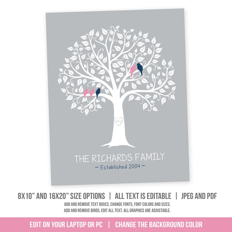 Editable Modern Family Tree Template with Birds in a Tree. Printable Digital Download