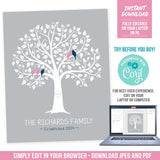 Editable Modern Family Tree Template with Birds in a Tree. Printable Digital Download