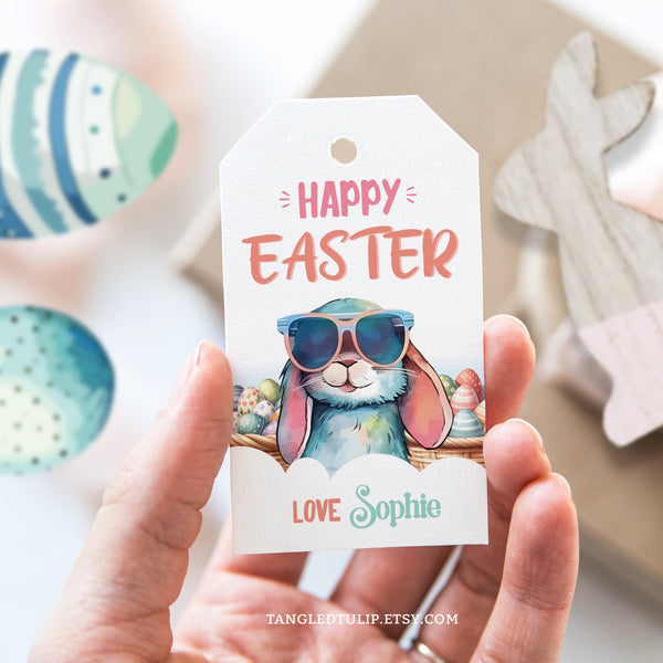 Happy Easter Tags with an Easter Bunny in Sunglasses. Editable to personalize the tags yourself.