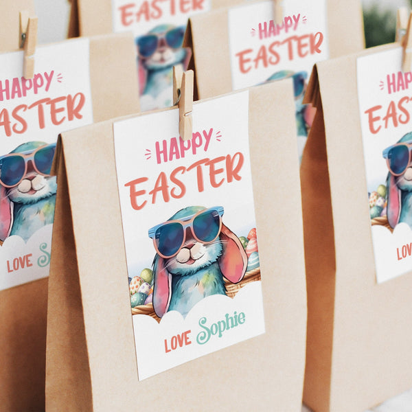 Happy Easter Tags with an Easter Bunny in Sunglasses. Editable to personalize the tags yourself.