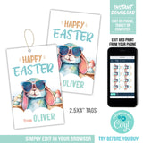 Happy Easter Tags with Bunny in Sunglasses. EDITABLE Easter Basket Printable Tags EAS1