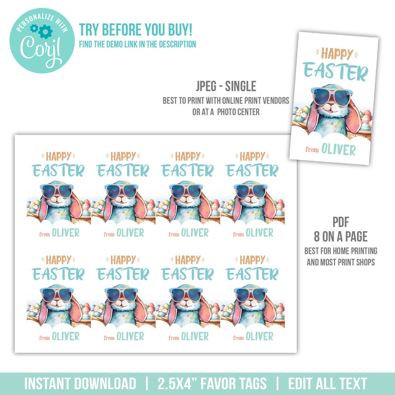 Happy Easter Tags with Bunny in Sunglasses. EDITABLE Easter Basket Printable Tags EAS1