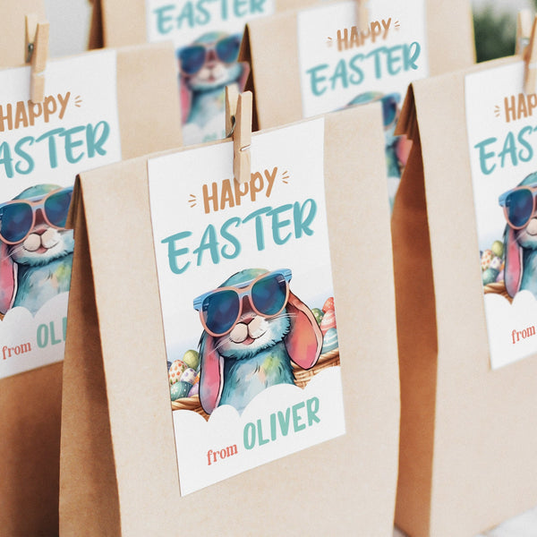 Happy Easter Tags with an Easter Bunny in Sunglasses. Instant Download and Editable in Corjl. By Tangled Tulip Designs.