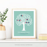 Create a timeless tribute to your family with this editable Family Tree for 3 generations. Each family group is represented by little pink and blue birds.  Instant Download and Editable in Corjl. By Tangled Tulip Designs.