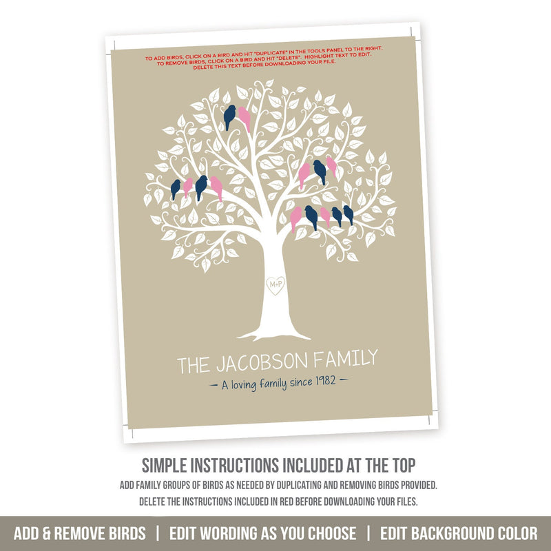 Family Tree Template Custom Birds 3 Generations Printable