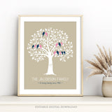 Editable Family Tree print that makes a great gift for grandparents, parents or any family member. Add that personal touch to gifting with each family member represented by a little bird in the tree. Instant Download and Editable in Corjl. By Tangled Tulip Designs.